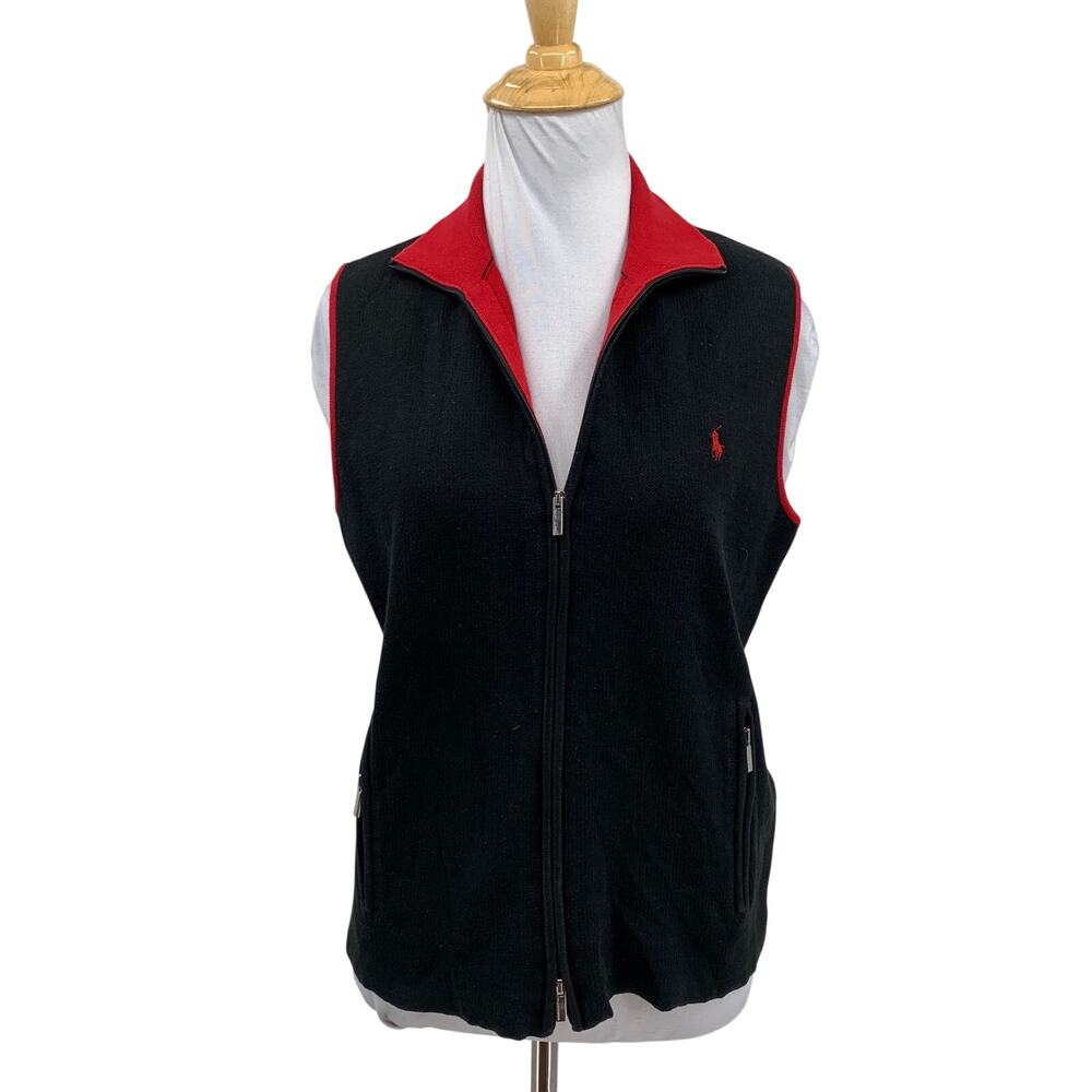 Ralph Lauren Golf Vest Womens Medium Black Red Full Zip Pocket Fleece Sportswear